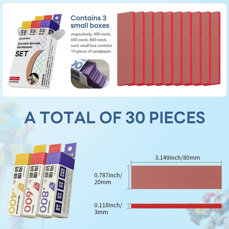 Stedi Sanding Sponge for Model Gundam Building,3mm Hobby Model Tools Hand Sanding Block Waterproof Wet Dry Reuse #400#600#800 Grit Sandpaper, 30 Sheets - Image 2